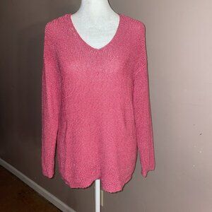 J Jill Solid Pink V-Neck Sweater Loose Knit Cotton Blend Long Sleeve Sz S